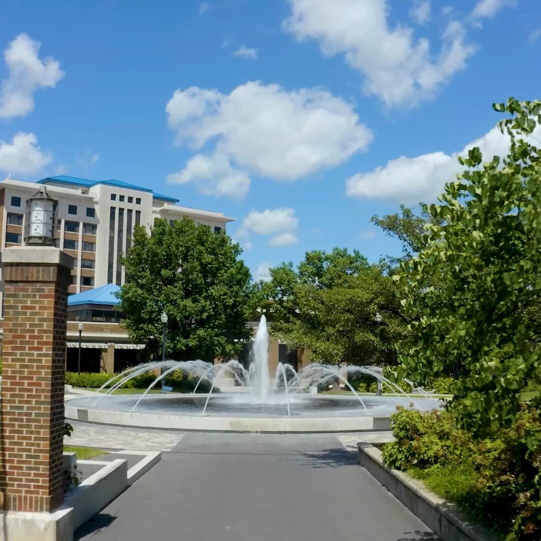 View of a campus walkway leading to a circular fountain surrounded by lush greenery, with a modern multi-story building in the background under a clear blue sky with scattered clouds.